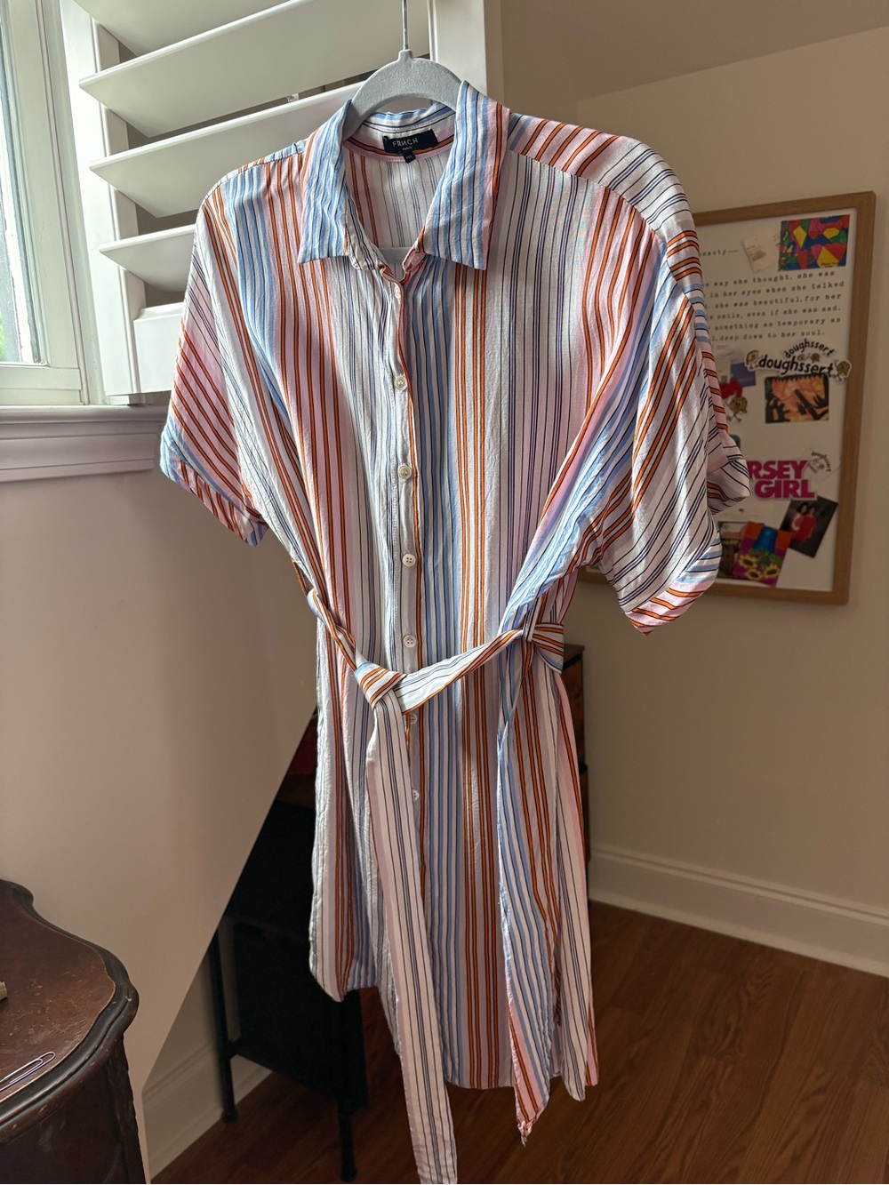 FRNCH Striped Short-Sleeve Button-Up Shirt Dress with Waist Tie - Multi